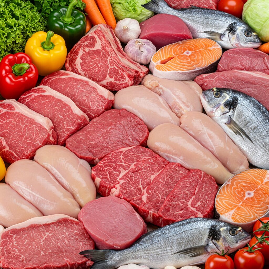 CARNES DE RES, POLLO, CERDO, PESCADO